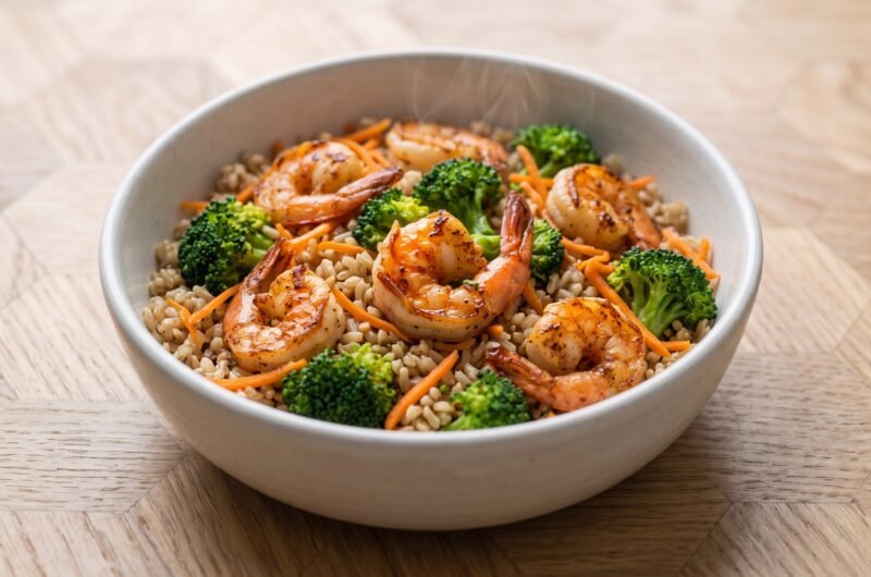 Camarão com arroz integral e vegetais