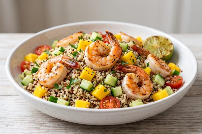 Salada tropical de quinoa com camarão grelhado