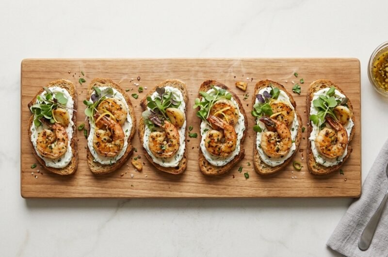 Canapé de camarão com pasta de cream cheese e ervas