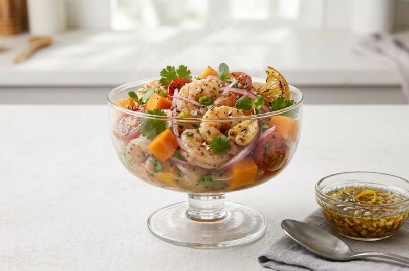 Ceviche de camarão com manga e coentro