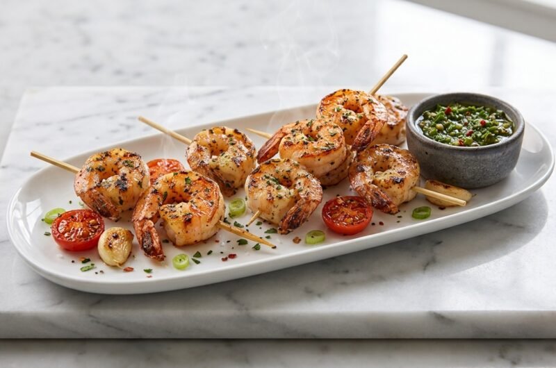 Espetinho de camarão grelhado com molho chimichurri