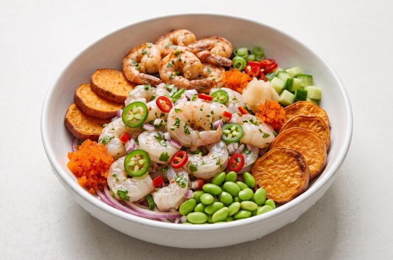 Ceviche funcional de camarão com batata-doce